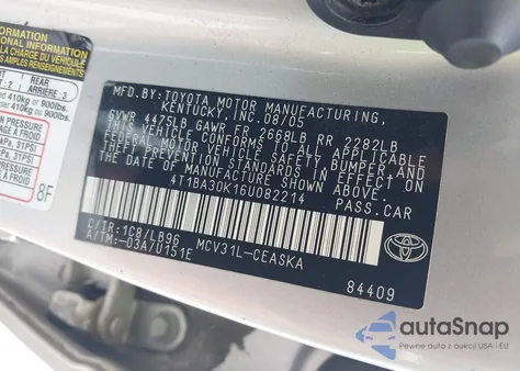 2006 Toyota Camry Se V6 из США, поврежденный, VIN 4T1BA30K16U082214